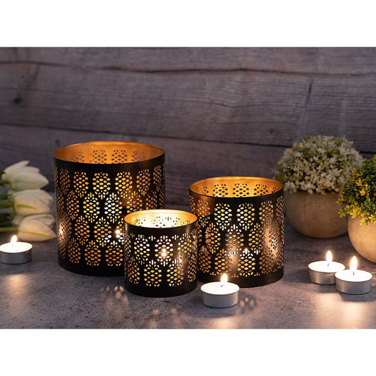 Candlestick set of 3 lantern oriental tealight holder round black gold