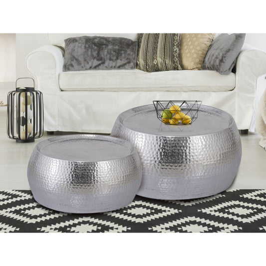 Coffee table set of 2 Dakar round ø 59/48 x H 30/28 cm silver hammered aluminum