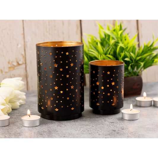 Tealight holder set of 2 candlesticks starry sky candle holder round black gold